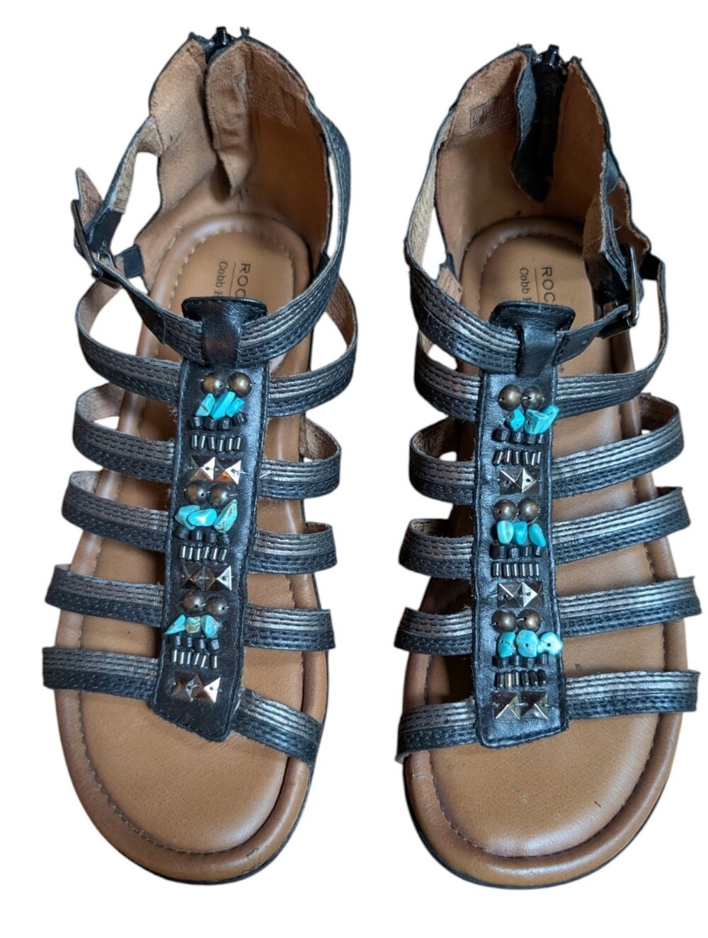 Rockport Cobb Hill "Zion" Black Leather Gladiator Flat Sandals - Picture 2 of 8